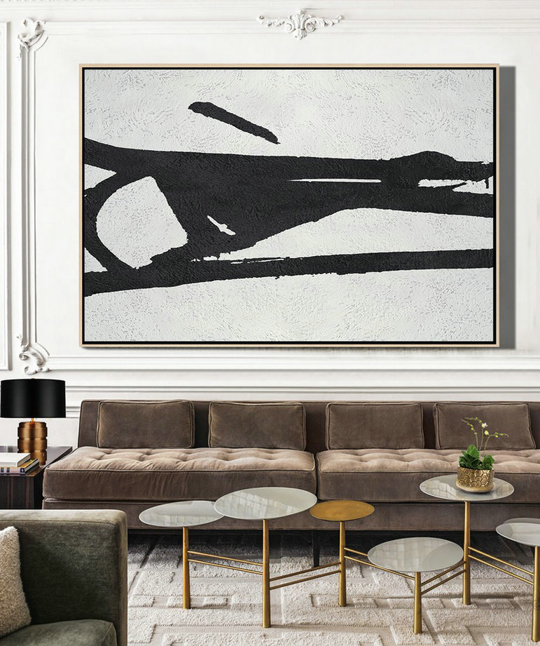 Large Wall Art Home Decor,Hand Painted Oversized Horizontal Minimal Art On Canvas, Black And White Minimalist Painting - Abstract Painting Modern Art